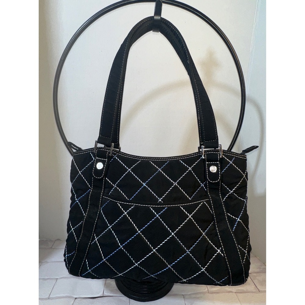 Vera Bradley Black Quilted Microfiber Purse Blue White Contrast Stitching Sample